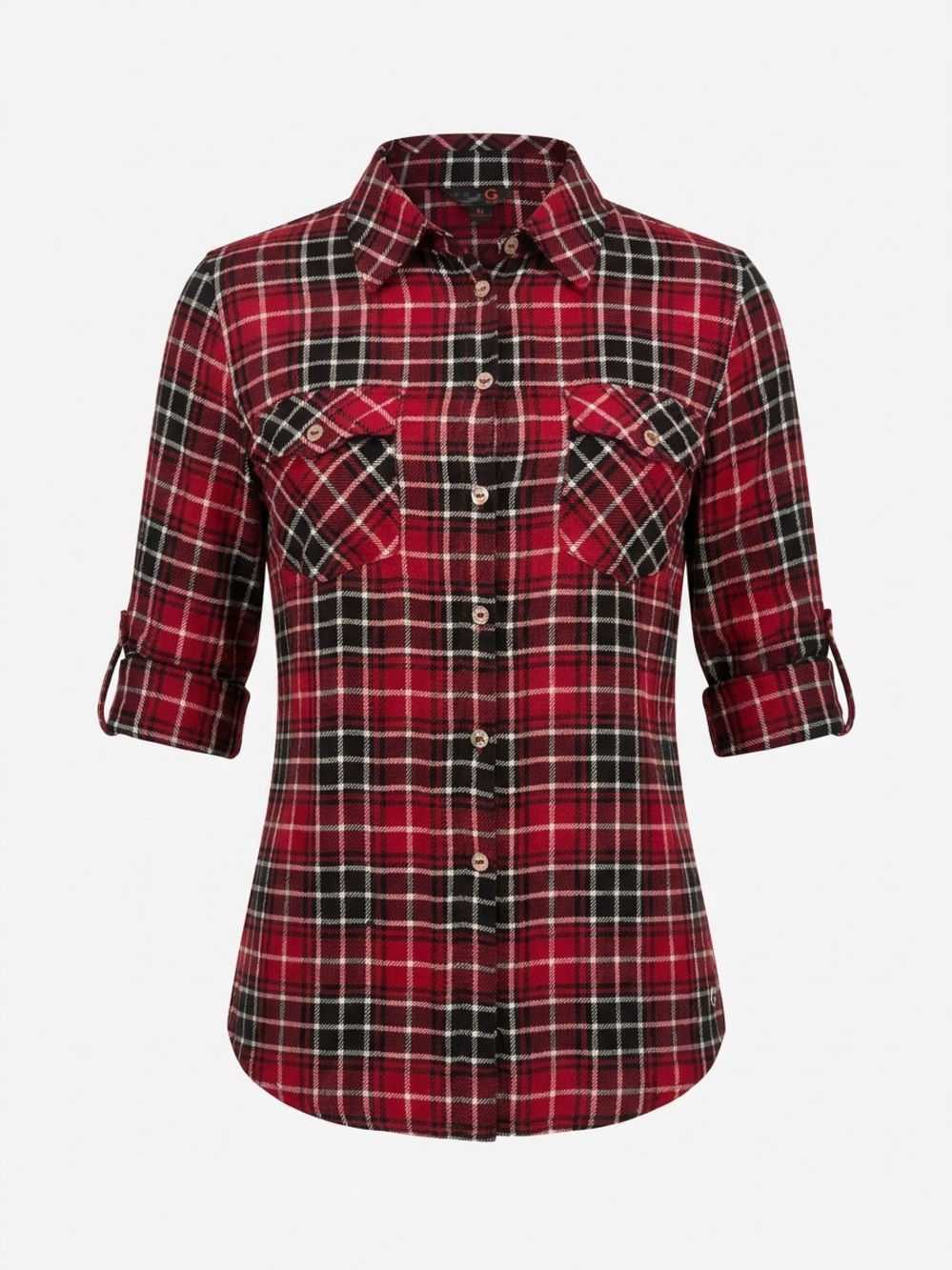 NWOT G by GUESS Red Black Plaid Roll Tab Sleeve Button Down Shirt Top Women's M